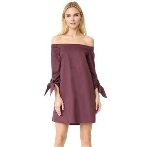 Tibi off shoulder plum tie sleeve chambray cotton mini dress
